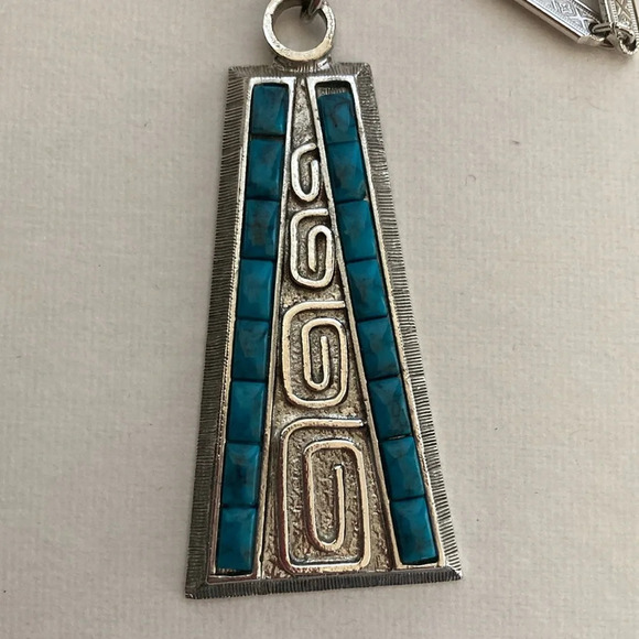Vintage Signed Whiting Davis Turquoise on Silver Geometric Designed - Picture 2 of 9